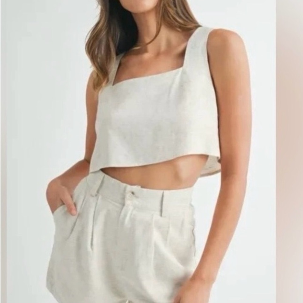 Mable Set of White High Waist Women's Shorts and Crop Top Linen blend FLAW